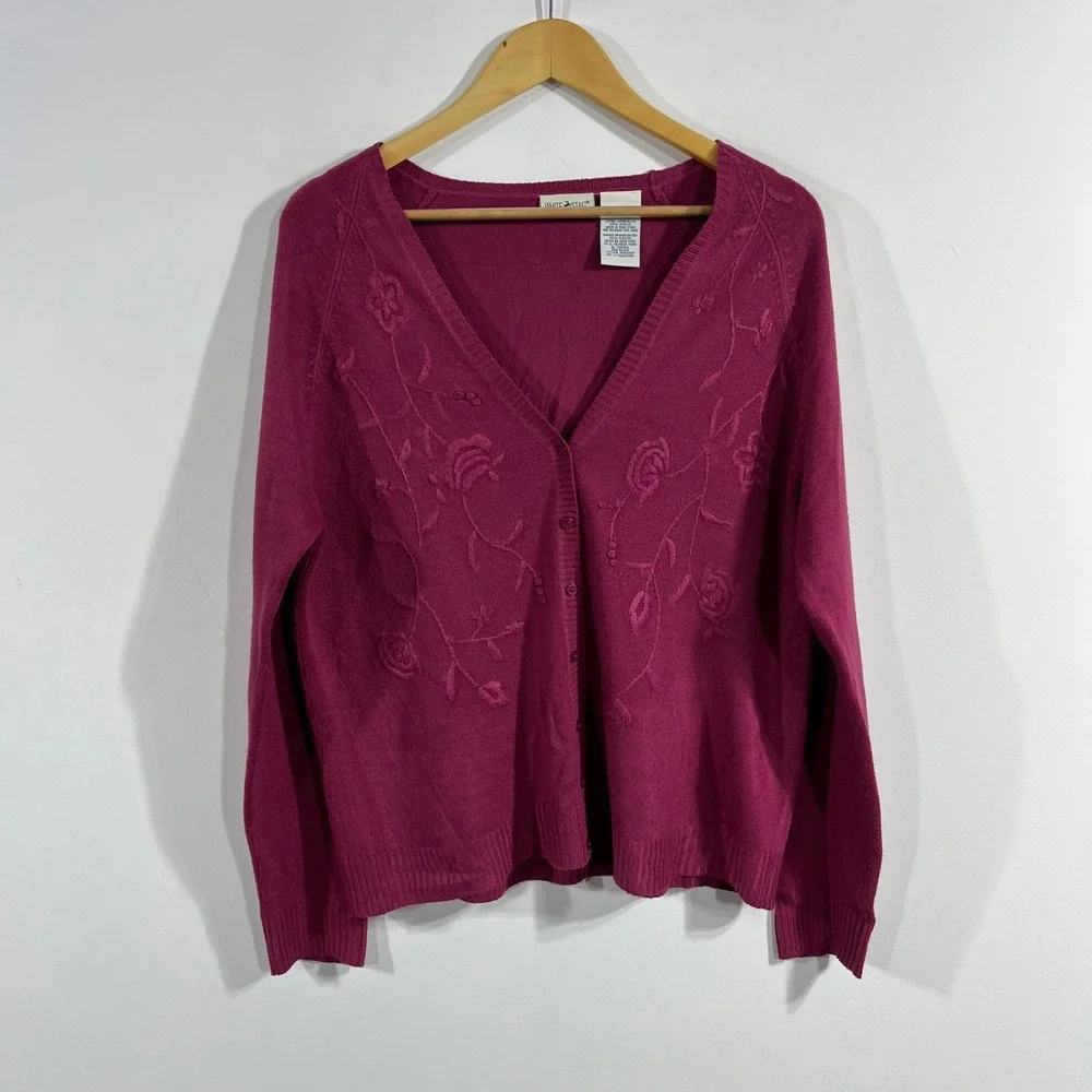 WhiteStag VTG 90 Folk Boho Floral Embroidered Cottagecore Cardigan Sweater 12 14